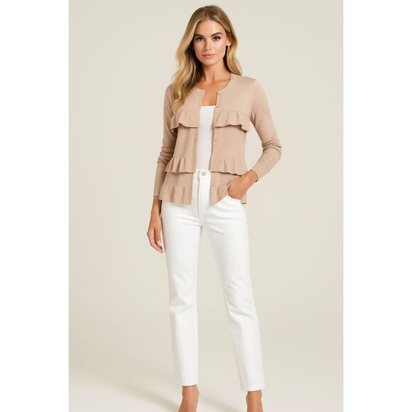 ANN TAYLOR ROSE GOLD SHIMMERING RUFFLED SWEATER CLASSIC CAREER CARDIGAN : L NWT - Picture 1 of 5